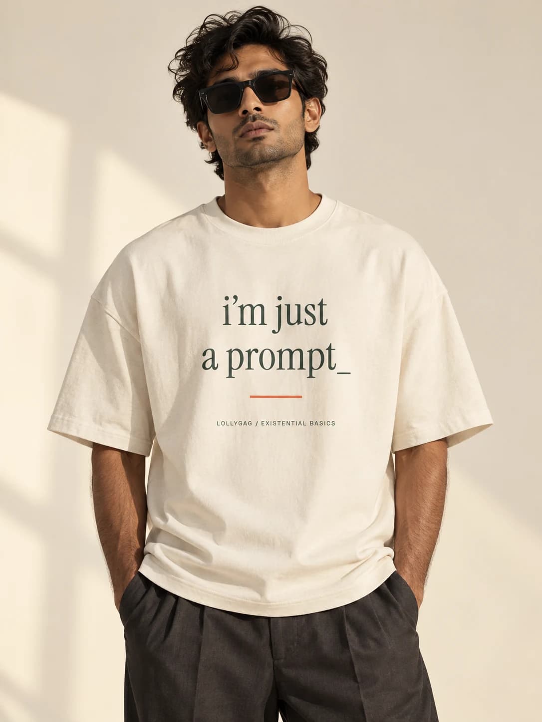 I’m just a prompt — model wearing Chalk tee, front
